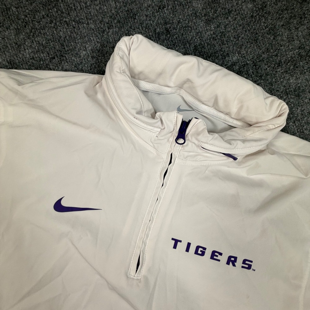 Nike Mens LSU team issued Quarter Zip Windbreaker Stowaway Hood White Large 0840